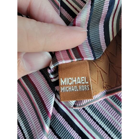 Michael Kors Pink Black Gray White Stripe 100% Silk Skinny Tie - Picture 5 of 9